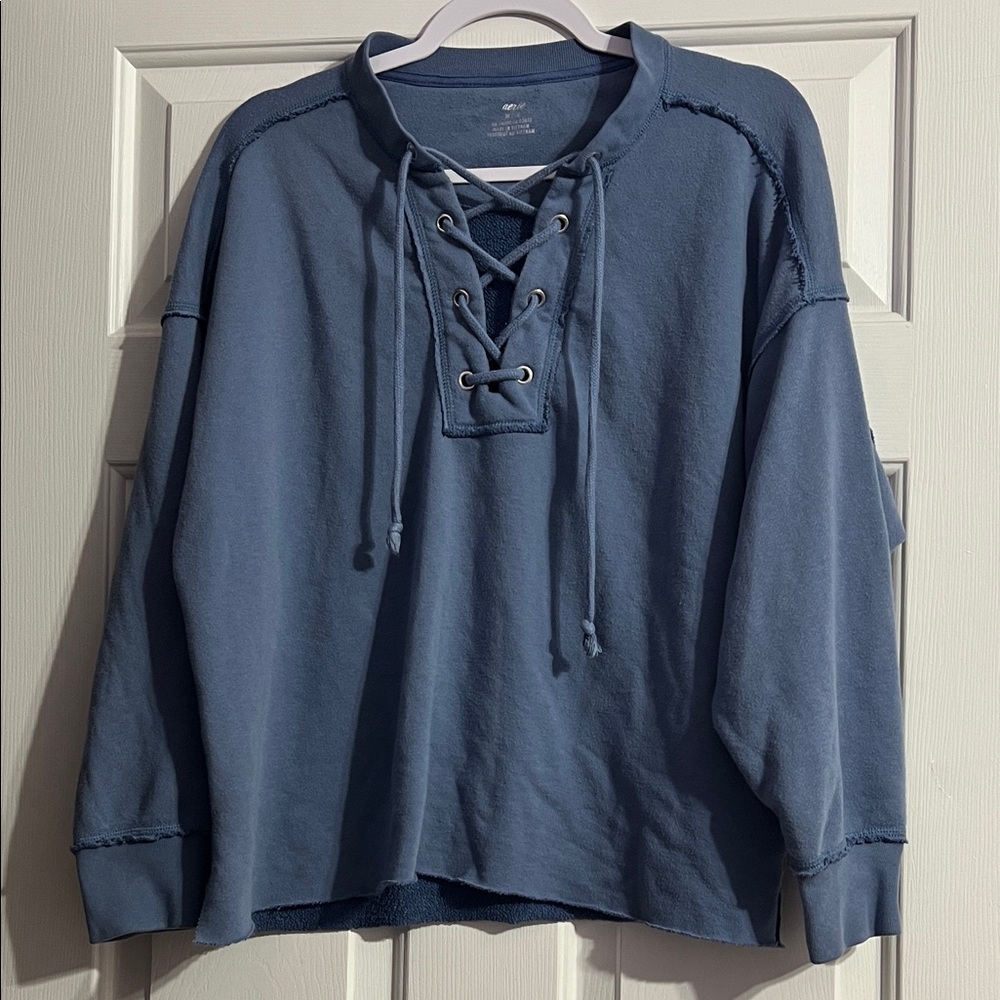 Aerie Slate Blue Lace-Up Sweater